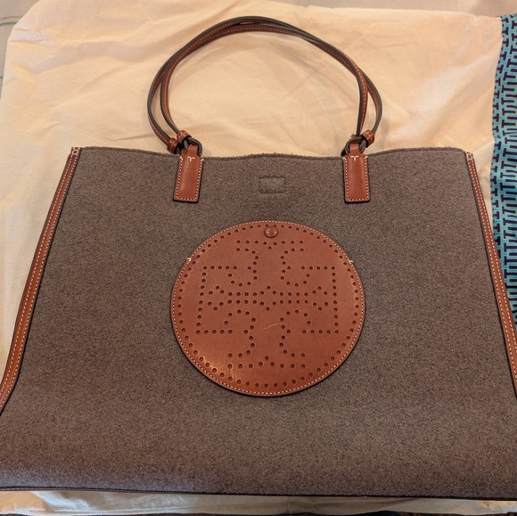 Tory Burch Handbags - Tory Burch Gray Wool/Felt And Tan Leather Ella Tote Bag